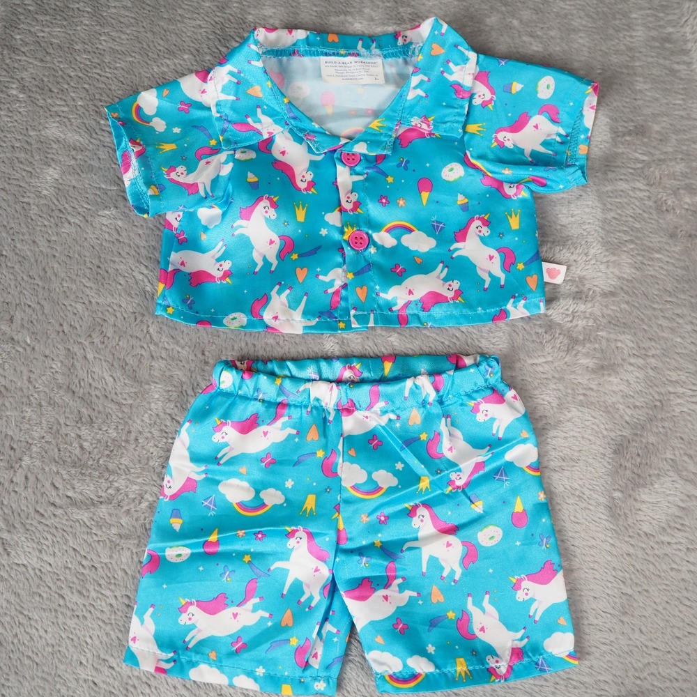 Build-A-Bear Blue Unicorn Pajama Set Satin Two-Piece Sleepwear BABW Outfit